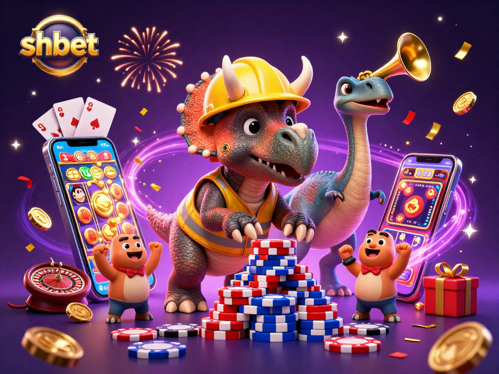 Players enjoy winning at SHBET with vibrant games and exciting rewards in a colorful casino scene.