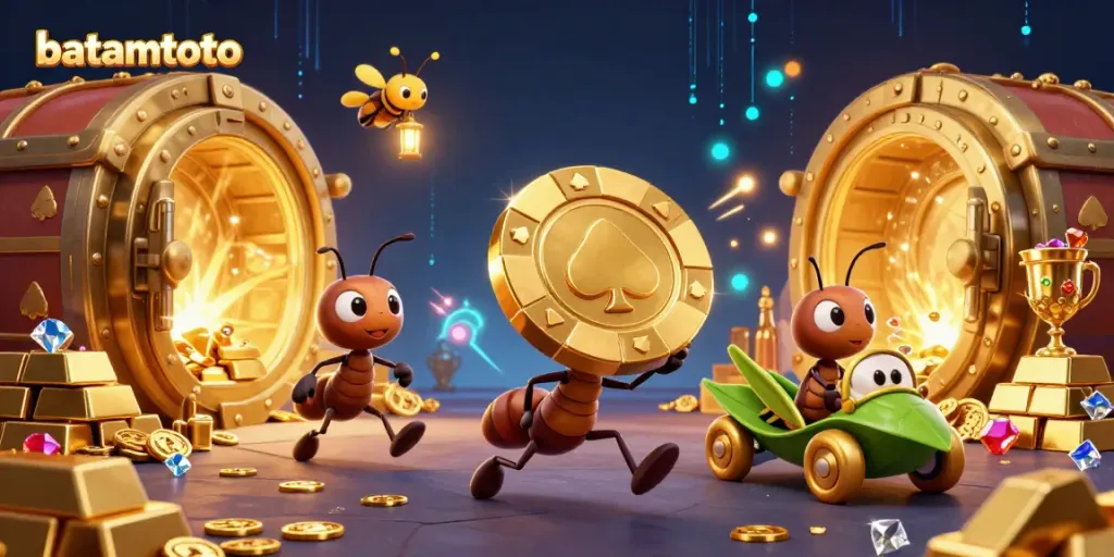 Experience batamtoto's thrilling heist as ants transport a giant poker chip amidst gleaming treasure.
