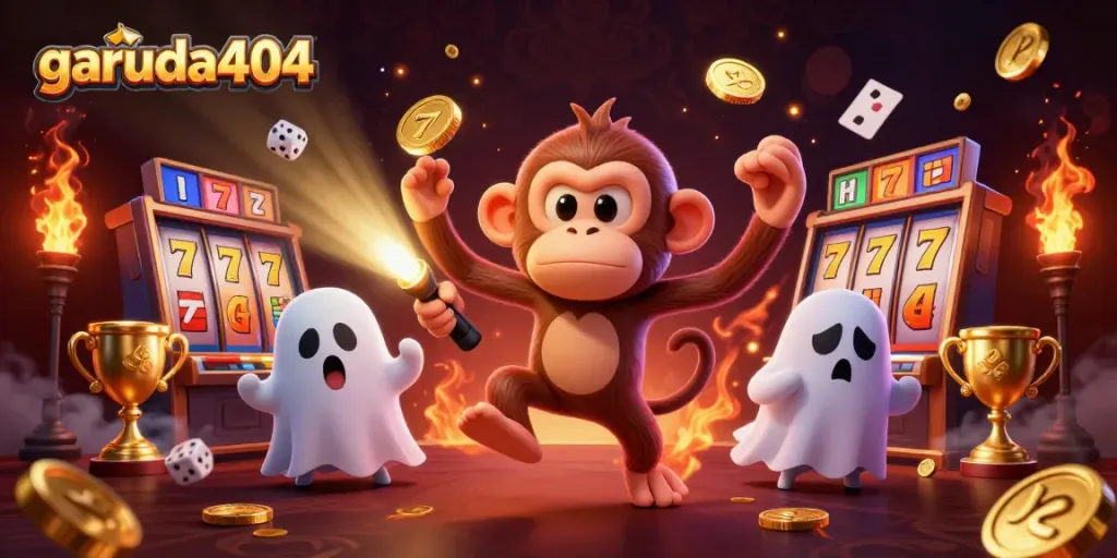 Experience garuda404 with thrilling animations of a playful monkey juggling golden casino treasures in an enchanting casino.