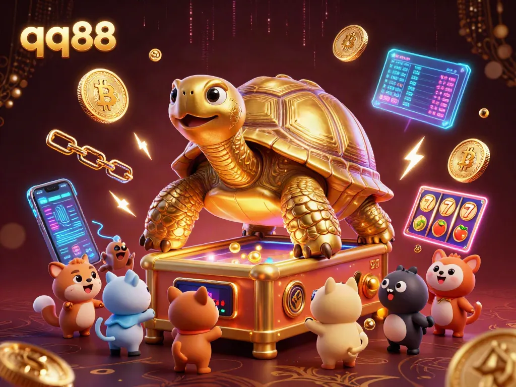 Experience thrilling gaming with qq88's colossal tortoise slot machine design and vibrant crypto elements.