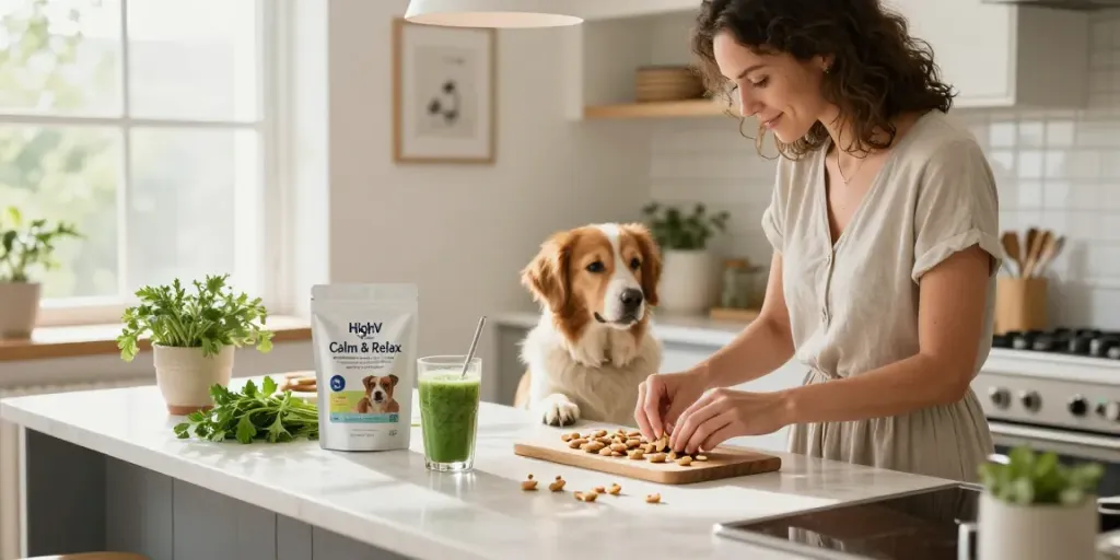 Calming Dog Treats for pets in a bright kitchen, emphasizing natural wellness with organic ingredients and a loving environment.