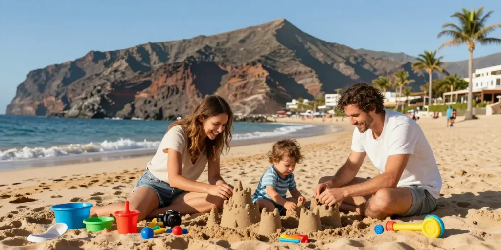 Family enjoying Tenerife Forum beach day with toddler, building sandcastles.