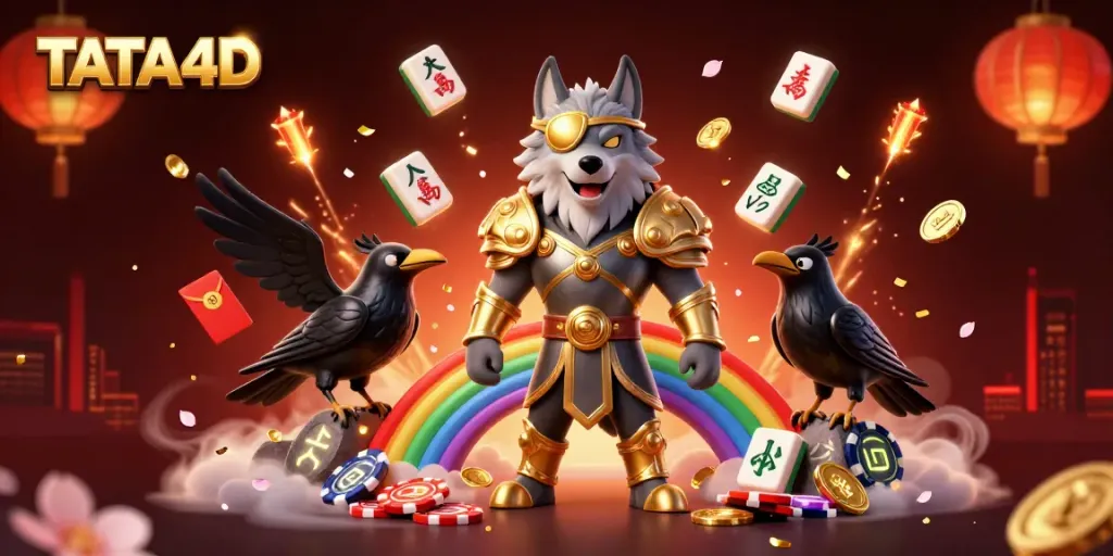 TATA4D presents a dynamic casino scene featuring mythological characters amidst vibrant gaming elements.