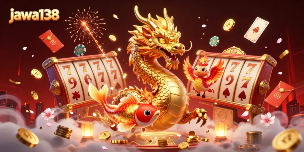 Experience the thrill of jawa138 with a fierce dragon, phoenix, and winning casino elements.