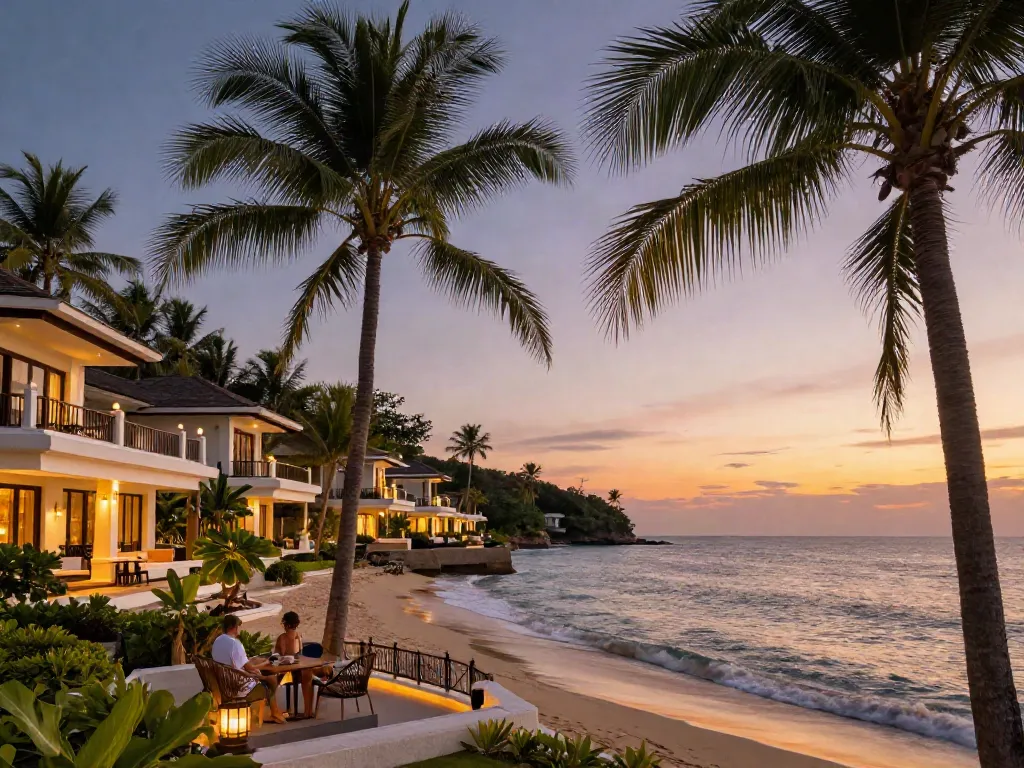 Luxury absolute beachfront penthouse Phuket with ocean views and sunset reflections, tropical vacation ambiance.