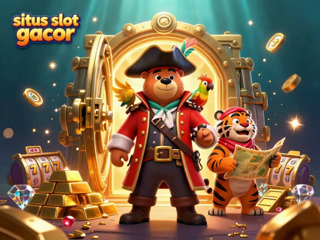 Situs slot gacor scene showcasing a pirate bear, tiger, and parrot amidst gold treasures and slot reels