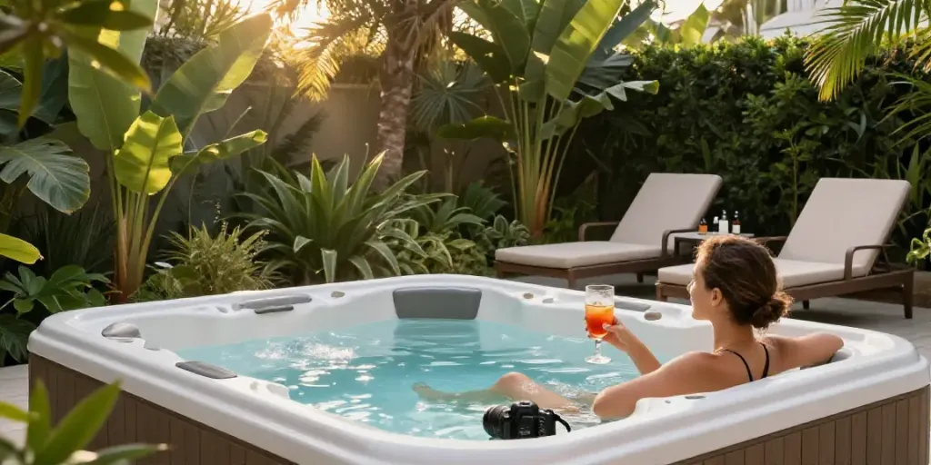 Relaxing scene showcasing Spa Filter & Chemical Sydney in a beautiful backyard spa oasis.