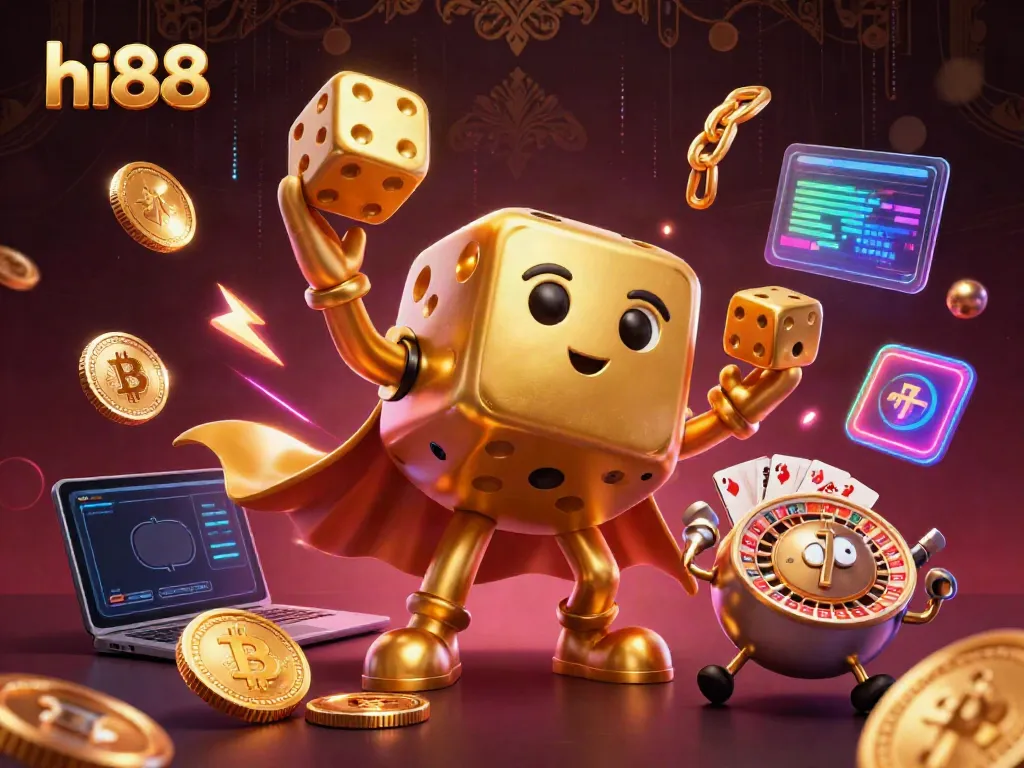 Experience thrilling gameplay with the hi88 golden dice golem surrounded by crypto elements.