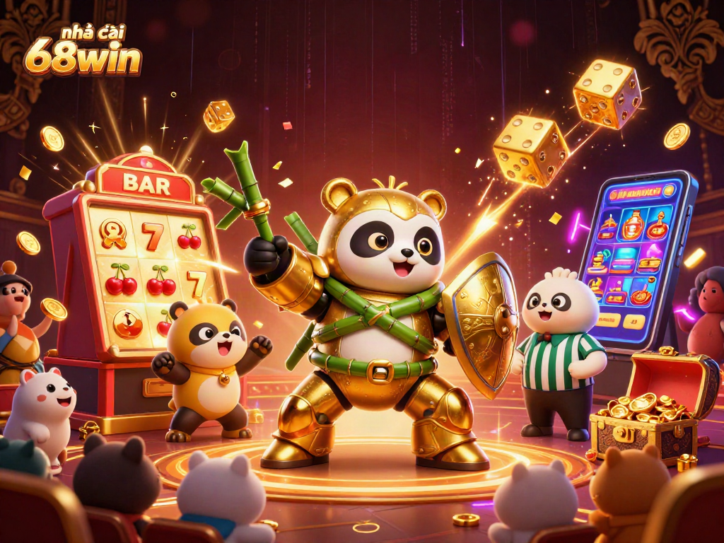 Experience excitement at nhà cái 68win with a golden panda and thrilling casino scene.