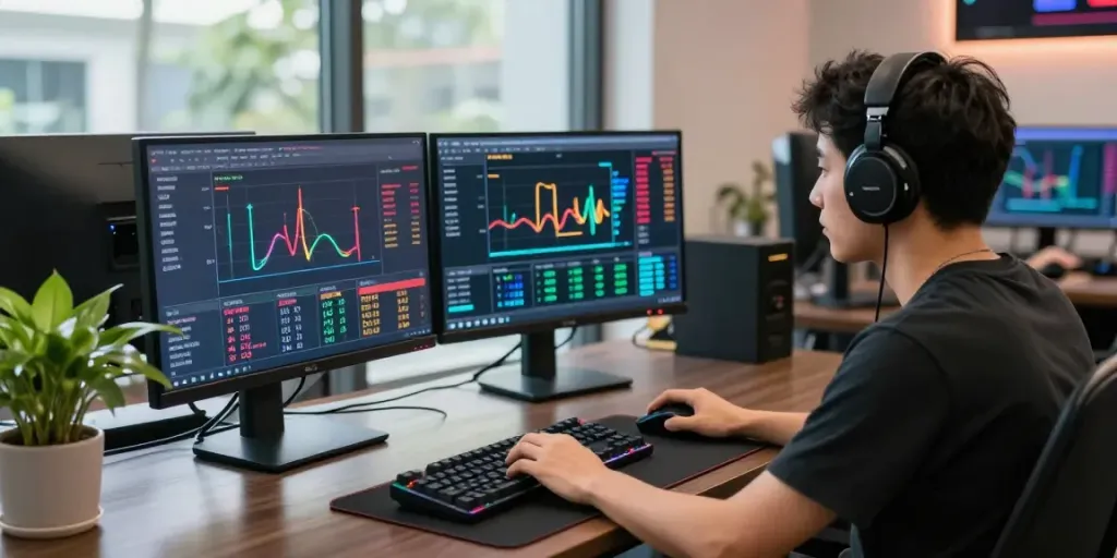 Gaming analyst in a modern workspace analyzing bos88 real-time metrics for optimal player engagement and performance