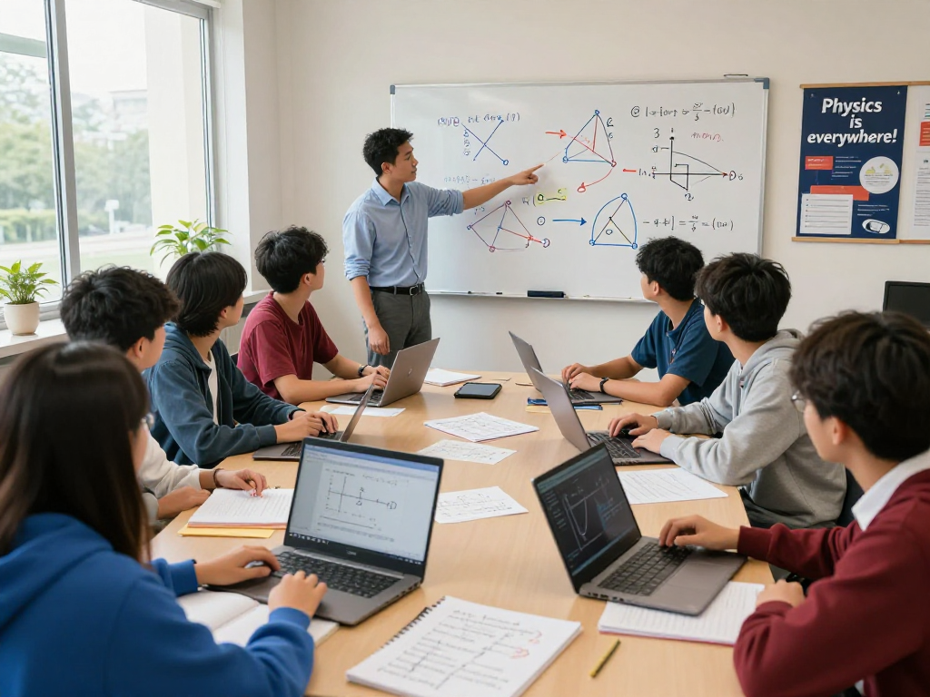 Students engaged in interactive physics tuition session, collaborating with a tutor in a bright classroom.