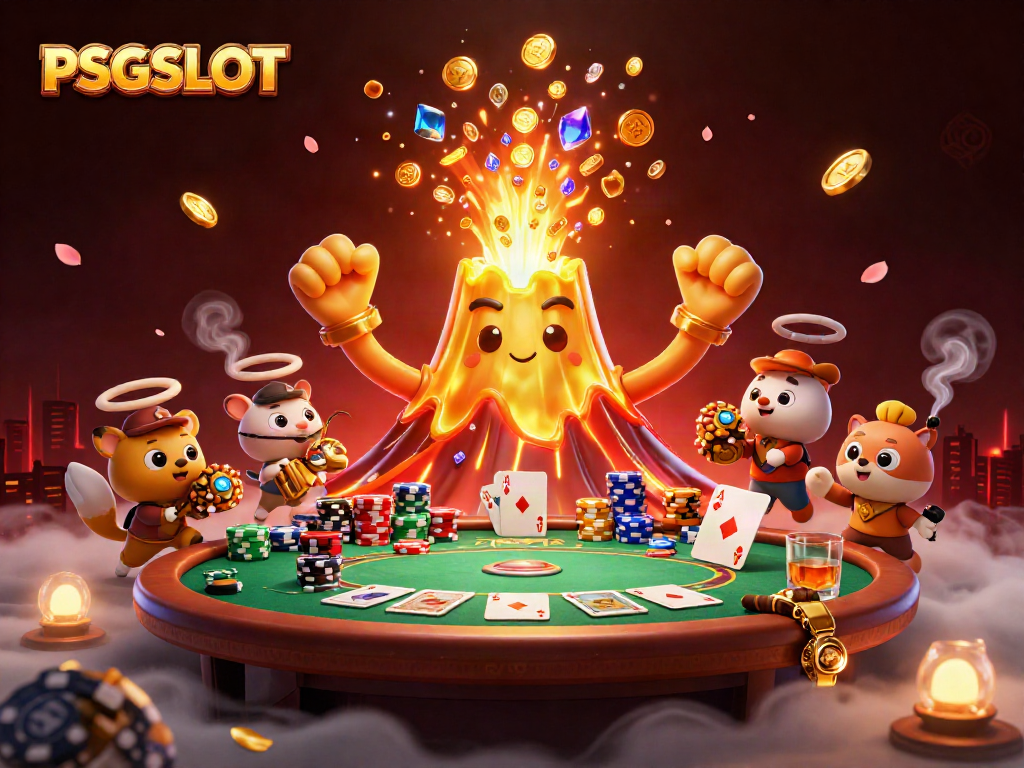 Experience PSGSLOT's thrills with a golden volcano, poker elements, and treasures in vibrant graphics.