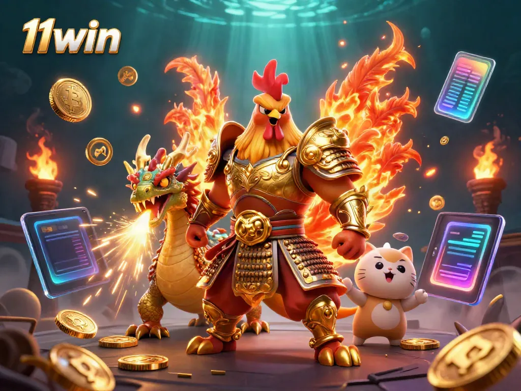 Experience thrilling 11win gaming with a 3D rooster warrior and dragon, surrounded by crypto coins.