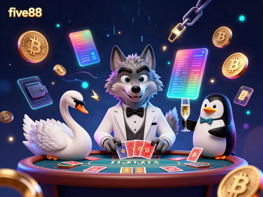 Experience the excitement of five88 with a vibrant 3D casino scene featuring unique characters and crypto elements.