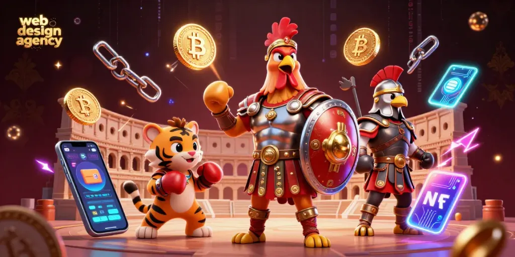 Engage with a vibrant illustration of a web design agency showcasing a spirited rooster warrior amidst crypto elements.