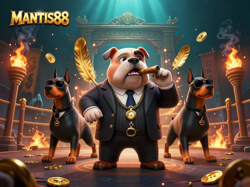 MANTIS88 showcases a dynamic 3D illustration of a mafia boss bulldog overseeing an exciting betting arena with gold tokens.