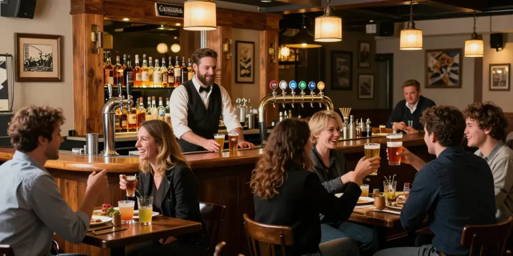 Suasana restoran The Keg Room NYC dengan pelanggan menikmati makanan dan minuman dalam suasana hangat dan ramah.