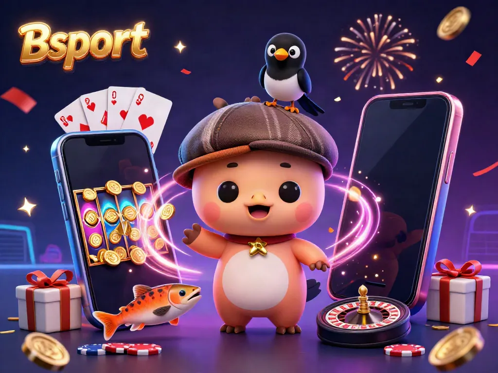 Experience the thrill of Bsport with dynamic casino art featuring a playful Nessie, coins, and slot games.