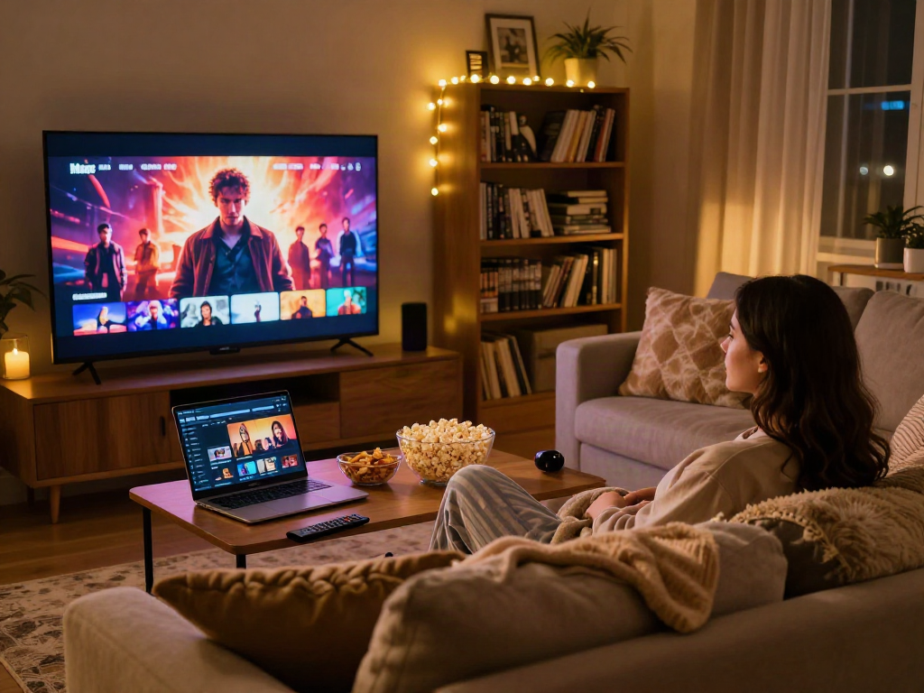 Enjoying a cozy movie night at home using Moviebox app with snacks and comfortable ambiance.