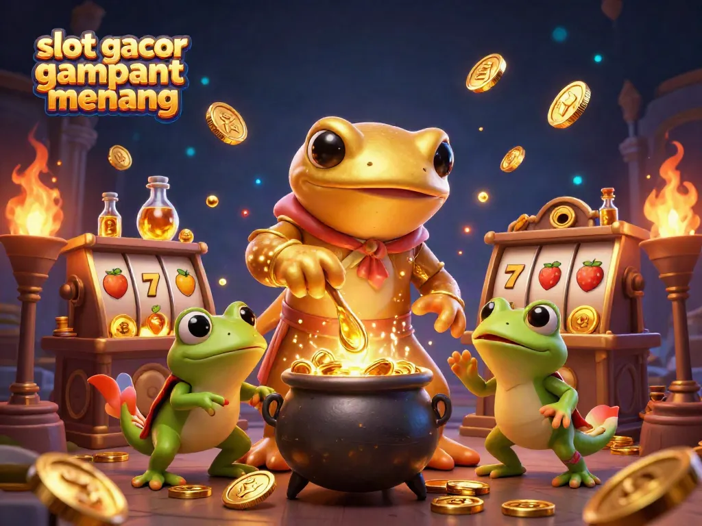 Experience fortune with slot gacor gampang menang in this magical 3D casino scene featuring gold elements and lively characters.