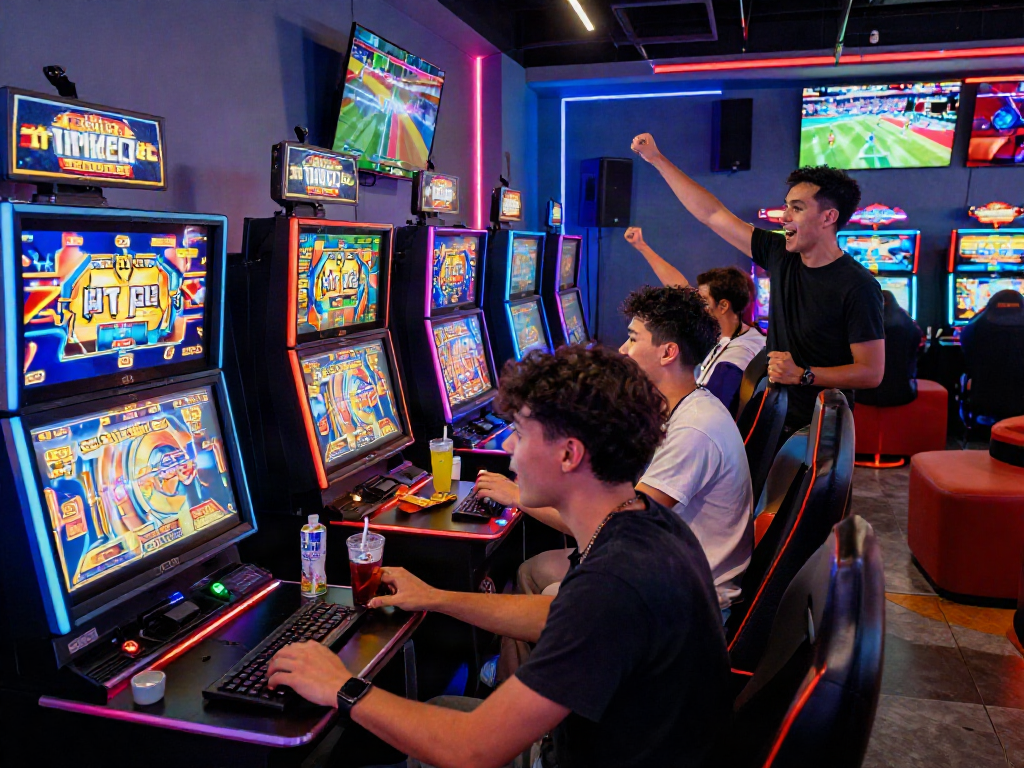 bandar slot gaming experience with friends in a vibrant lounge setting