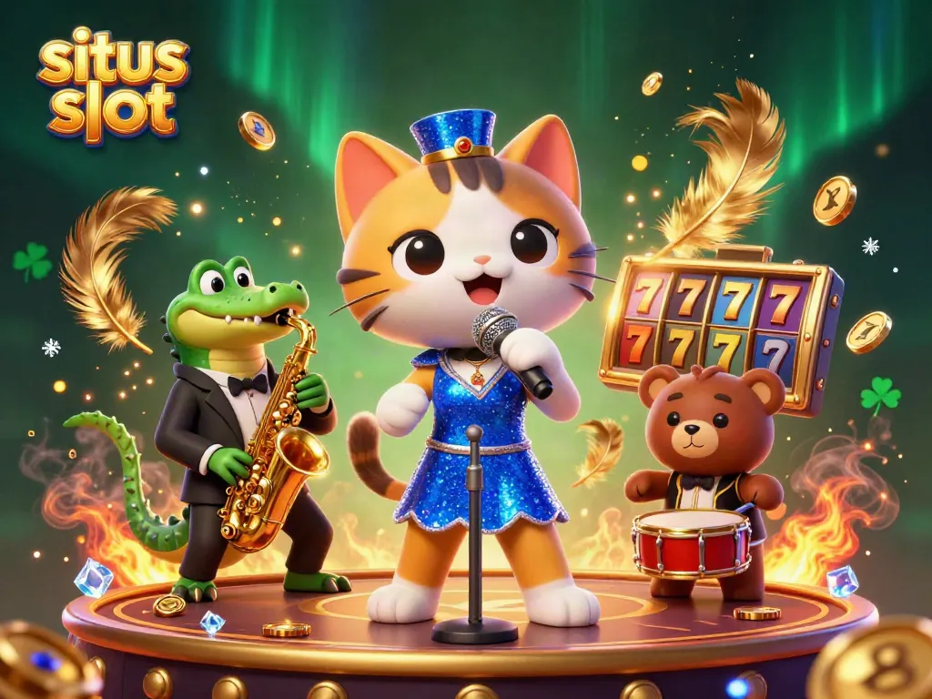 Engaging scene of a jazz-singer cat performing amidst vibrant slot reels and dynamic casino elements at situs slot.