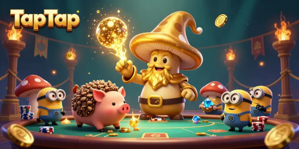 Engage with TapTap in a vibrant casino scene featuring a golden mushroom wizard and treasure, amidst poker chips and magic.