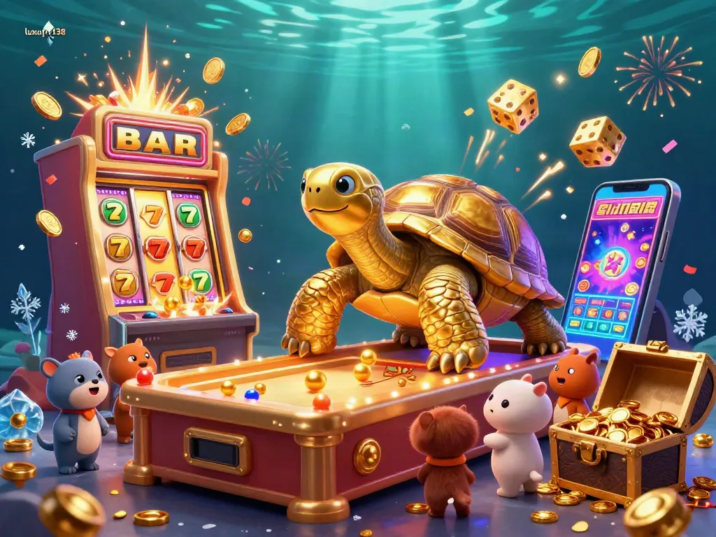Experience gaming excitement with luxury138 featuring a golden tortoise pinball machine surrounded by a jackpot slot explosion.