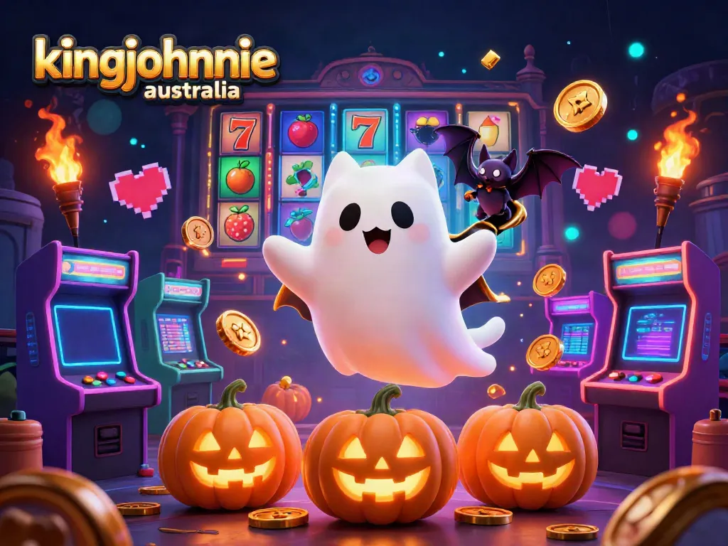 Experience the excitement of kingjohnnie australia with a ghostly cat and bat companion amidst colorful slot machines.
