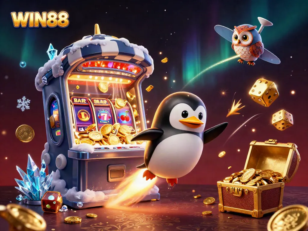 WIN88 penguin racing towards a casino space station with colorful game symbols and jackpot explosion.