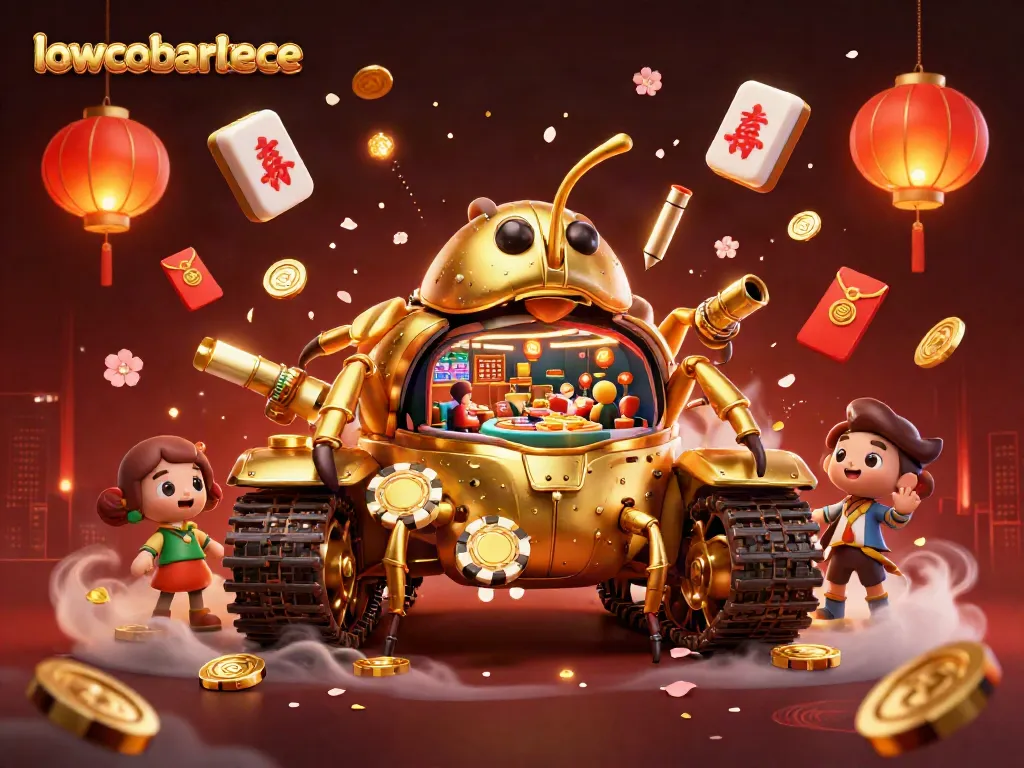 Experience lowcobarbecue's casino magic with a vibrant 3D illustration featuring golden beetles and festive elements.
