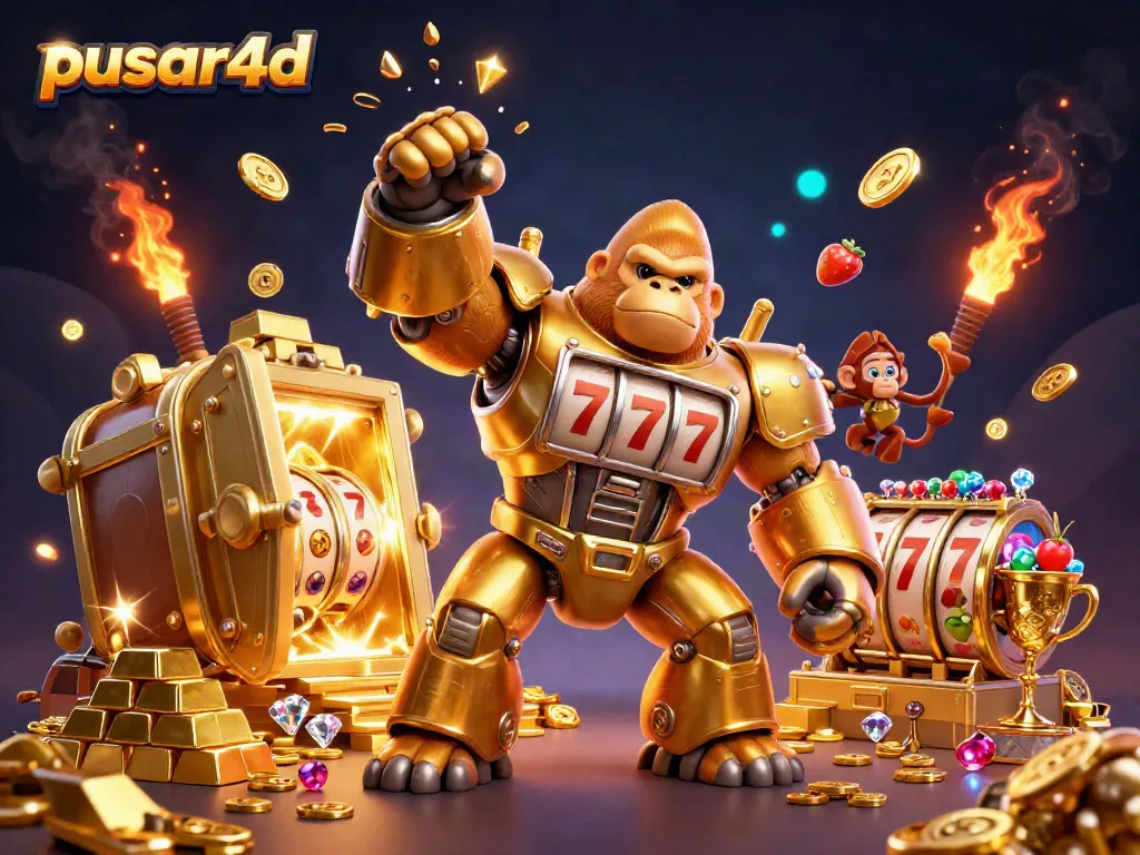 Pusar4d showcases slot-themed excitement with a golden gorilla mech and bursting treasure in an energetic dynamic scene.