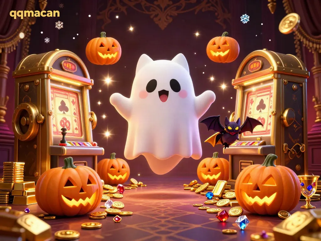 The ghost cat and vampire bat explore the vibrant haunted casino scene as qqmacan unveils treasures.