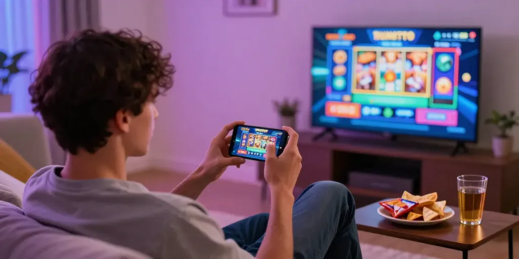 Pengguna RUSUNTOTO bermain di smartphone dengan suasana nyaman di rumah.