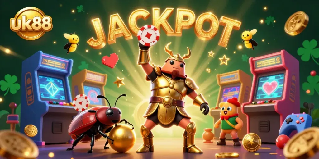 uk88 showcases a thrilling victory scene with a gladiator beetle and lucky symbols in this action-packed casino illustration.