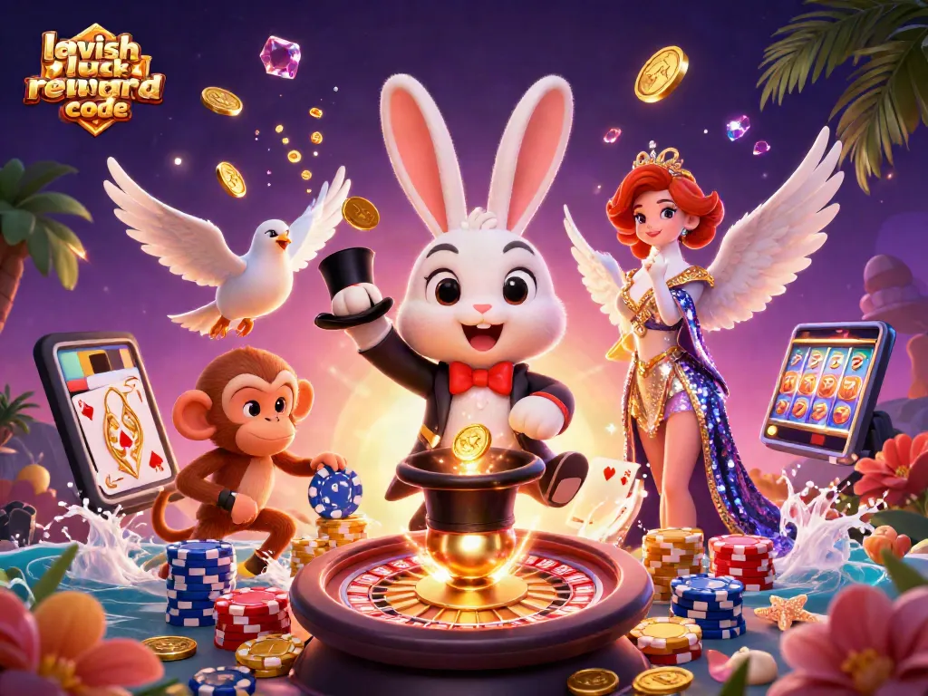 Spin and win with lavish luck reward code in an exciting 3D casino scene featuring vibrant game elements.