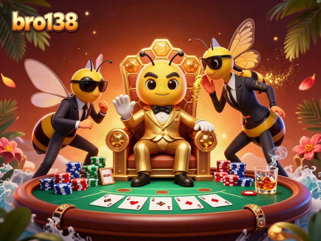 Experience the thrill of bro138's gaming scene with a bumblebee mob boss overseeing poker action.