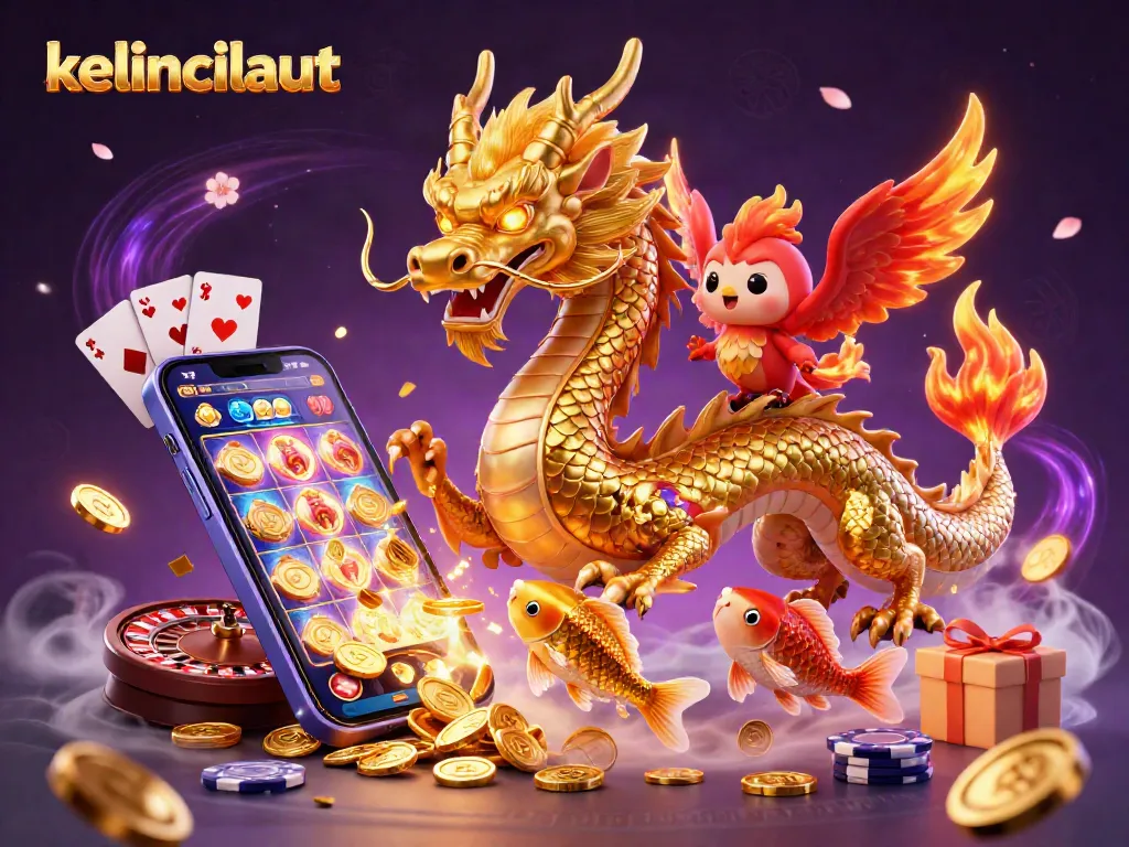 kelincilaut showcases a captivating casino scene with a golden dragon, phoenix, and koi amidst a flurry of coins.