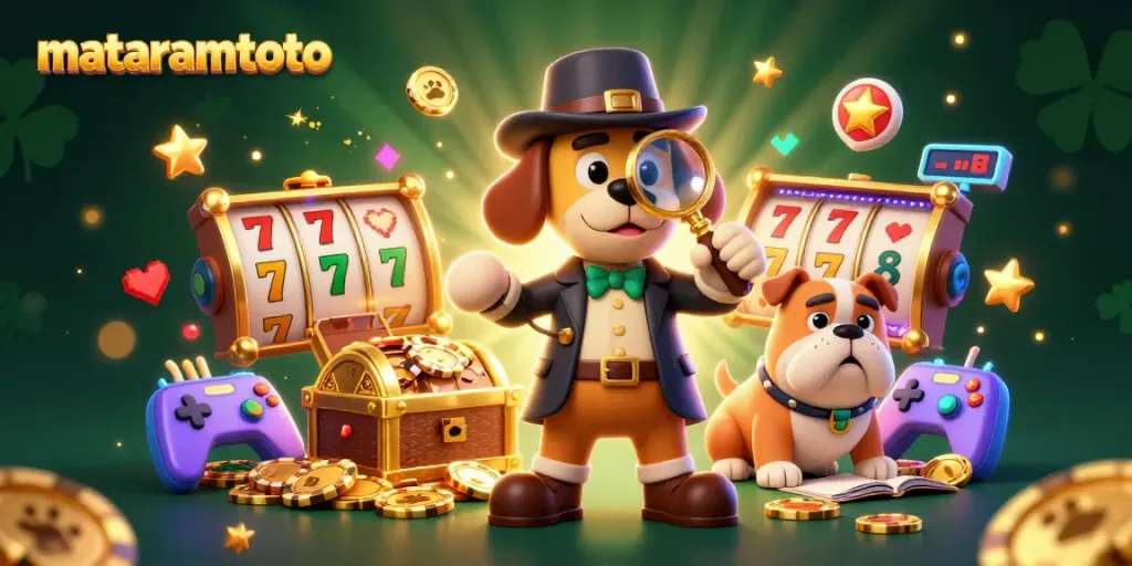 Mataramtoto showcasing cartoon characters solving a casino mystery with golden poker chips and slot reels