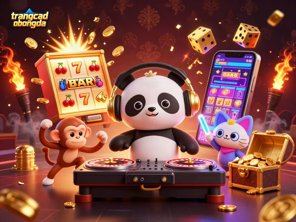 Experience the excitement on trangcadobongda with a vibrant casino scene featuring a DJ panda and dazzling game elements.