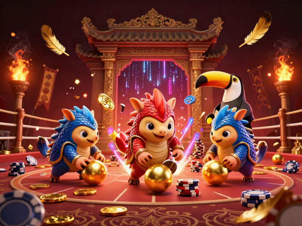 Onbet pangolins compete in a vibrant casino scene filled with poker chips and festive elements.