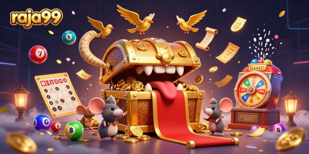 Engage with thrilling games at raja99, featuring a vibrant treasure chest and dynamic lottery elements.