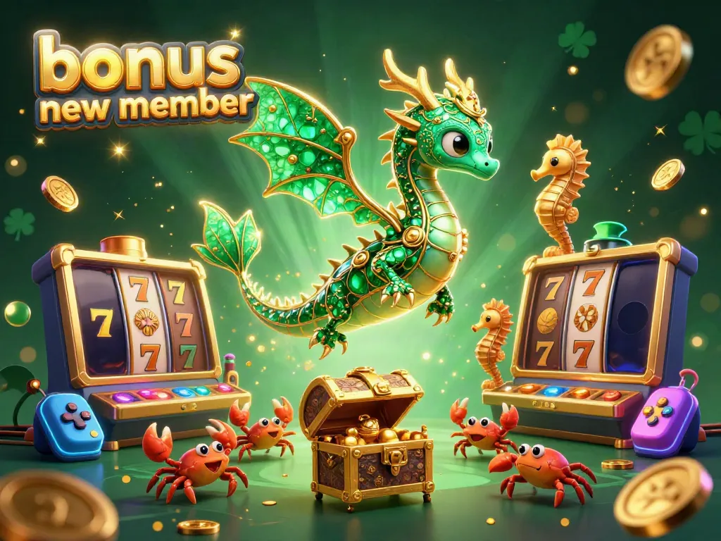 Engaging bonus new member offer featuring casino-themed sea dragon and colorful slot elements.