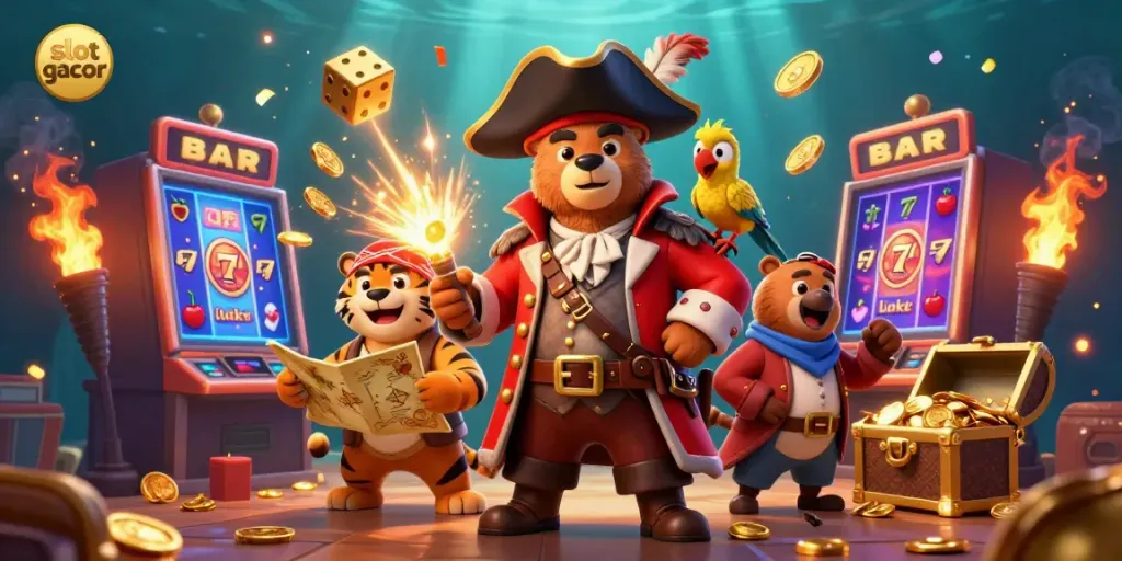 Experience the thrill of slot gacor with a pirate bear and tiger among vibrant casino elements.