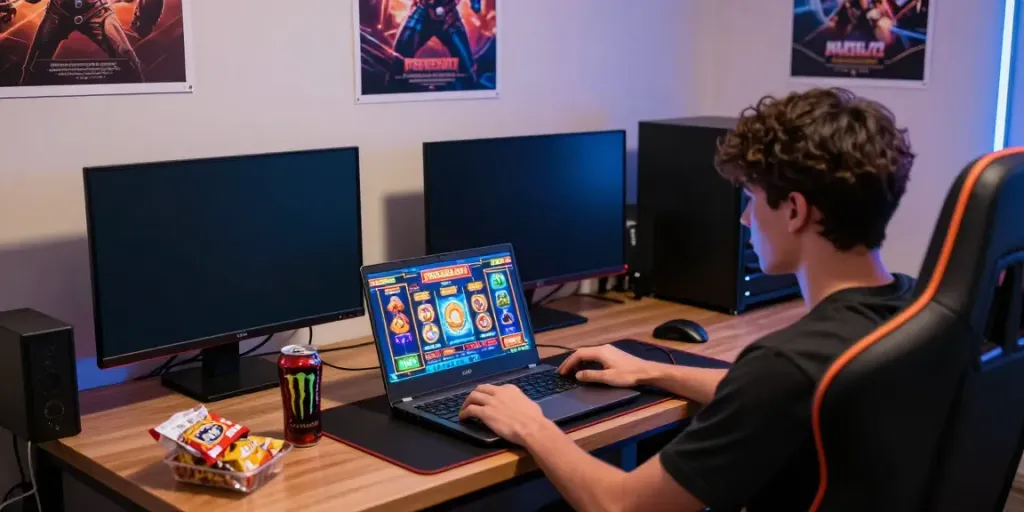 Gamer enjoying a vibrant PESGSLOT gaming session with colorful visuals.