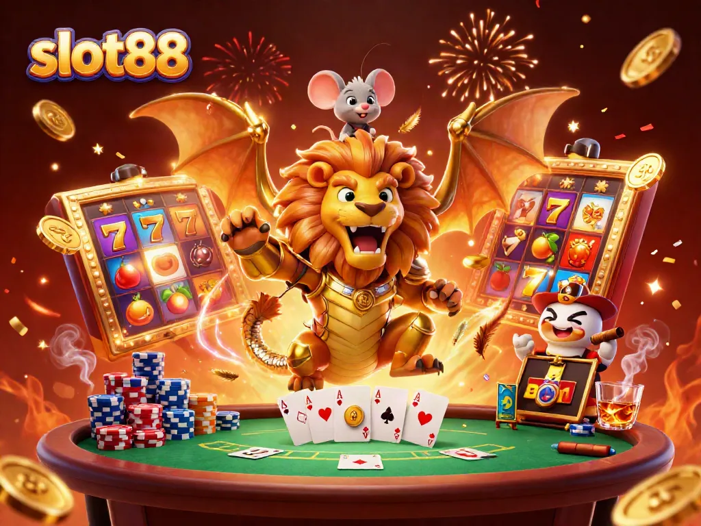 Experience the thrill of slot88 with a mesmerizing 3D scene showcasing exciting reels and a dynamic chimera.