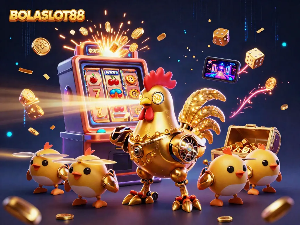 BOLASLOT88 showcases a vibrant 3D scene with a golden rooster robot and baby chick drones amid slot machine explosions and casino elements.