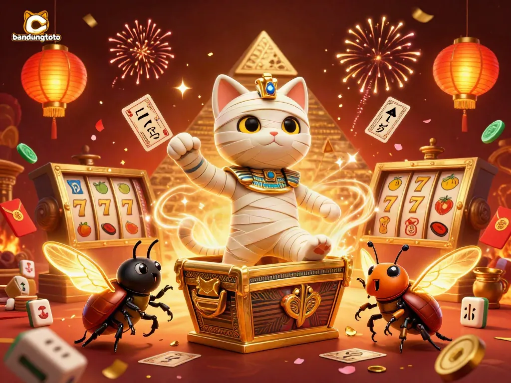 Engage with bandungtoto’s vibrant scene featuring an animated Egyptian mummy cat amidst casino elements.