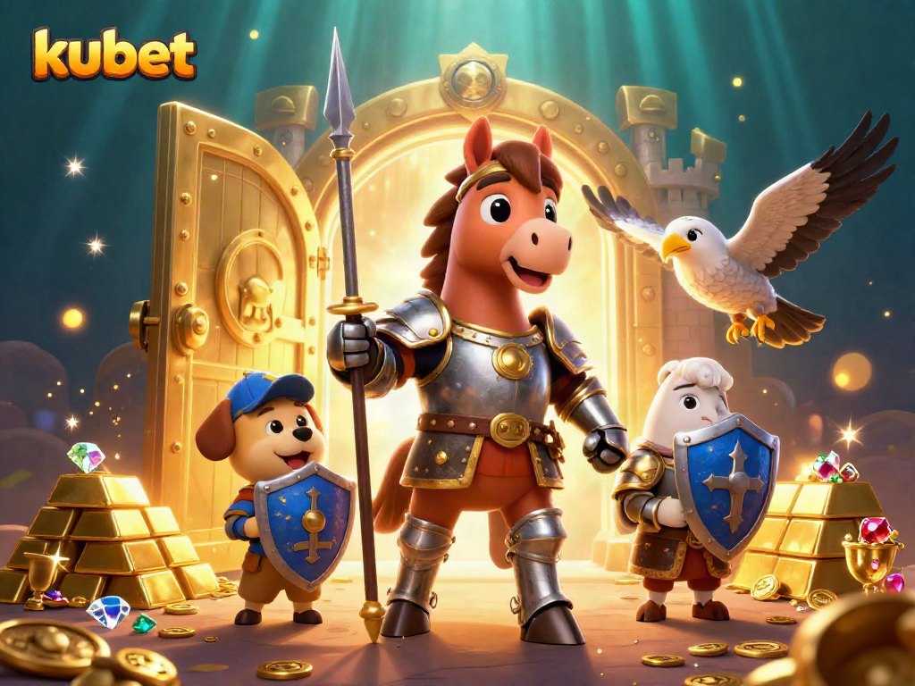 Kubet gaming scene featuring a medieval knight, squire puppy, and jewels amidst treasures