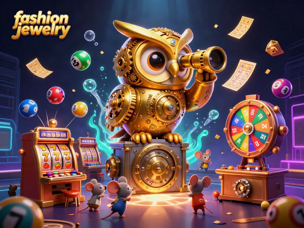Engage with fashion jewelry while experiencing a vibrant casino scene filled with dynamic slot machines and lottery elements.